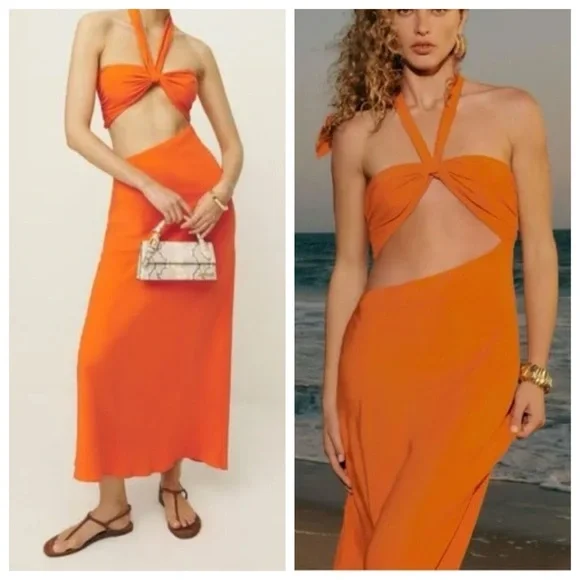 Reformation Maxi Dress Orange Vivi Cutout Halter size 6 - Picture 2 of 8